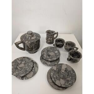 Vintage Marble Stone Tea Set Cups Saucer Teapot Set